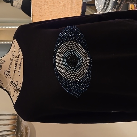 Sweater with bright evil eye blue crystals, sequins for protection & good luck. - Picture 2 of 5